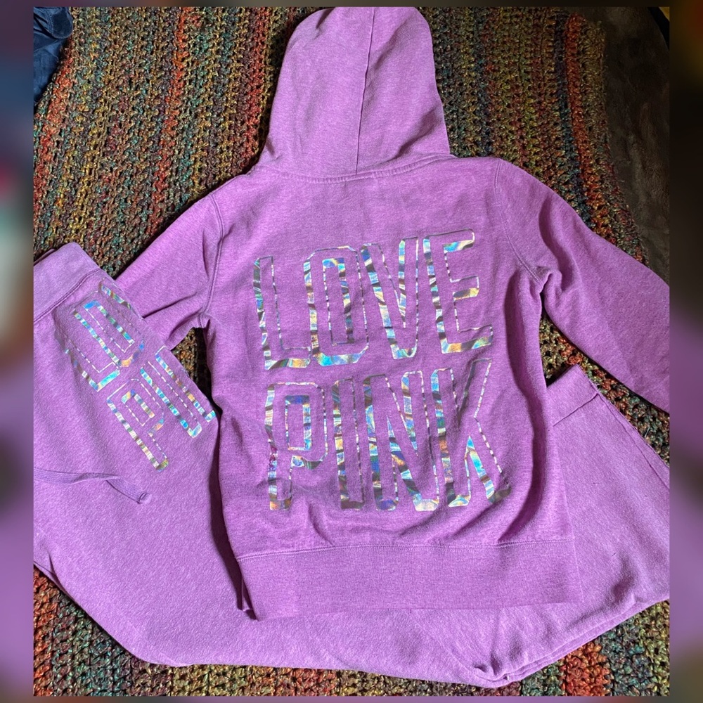 PINK Victoria’s Secret Matching Set Outfit Sweatpants Zip Up Hoodie Purp…